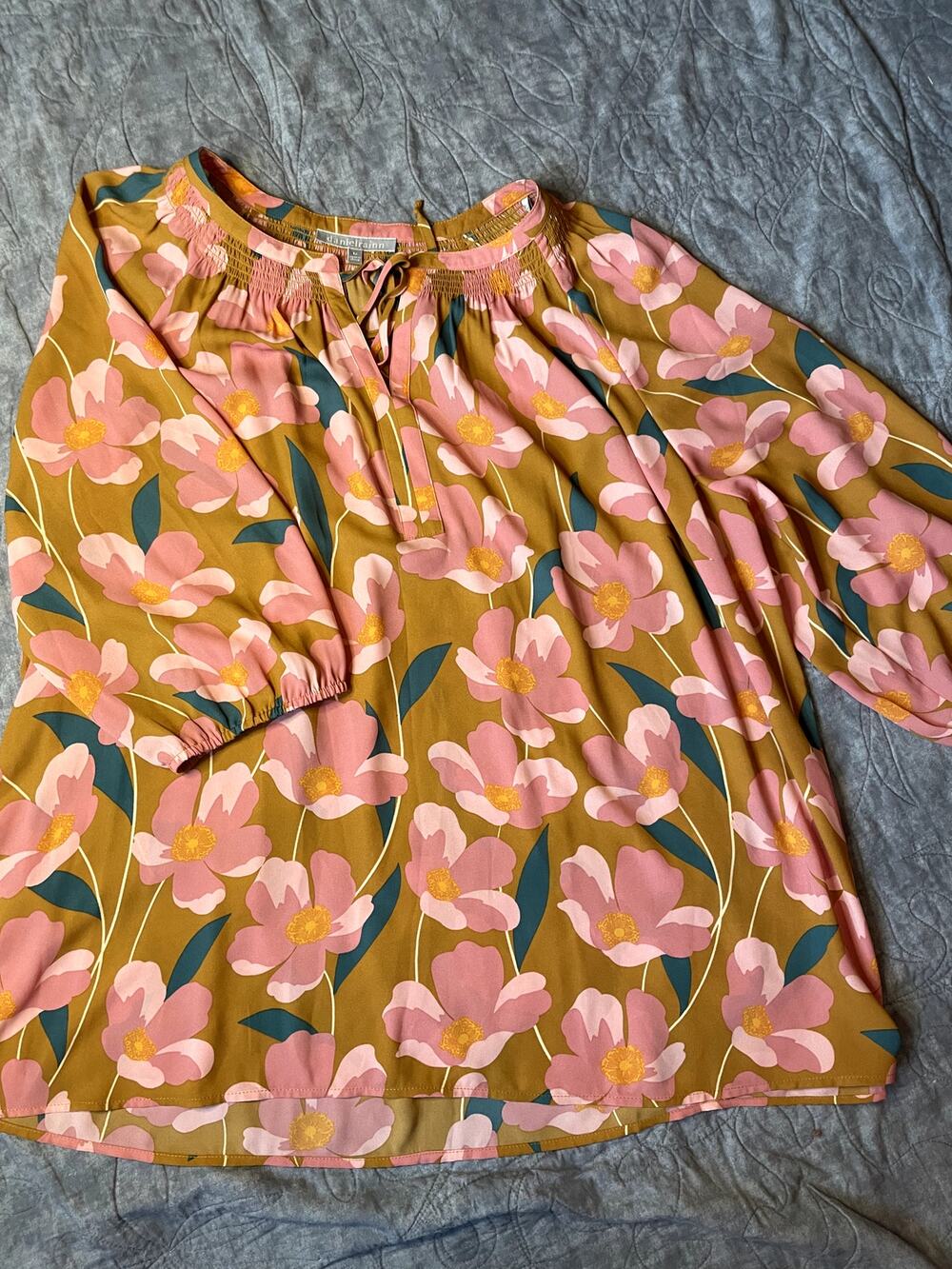Daniel Rainn Mustard Yellow Pink Floral Blouse Plus Size 2X DX14708PR1